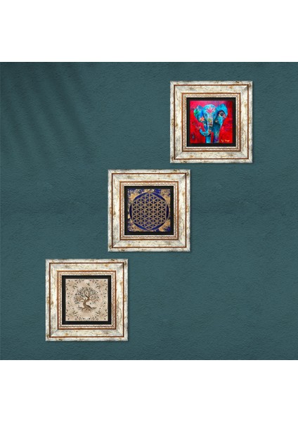 Fil, Yaşam Çiçeği, Hayat Ağacı Taş Duvar Tablosu Çerçeveli Duvar Dekoru 3 Parça Tablo Seti Wall Art T3-333 fırsatları