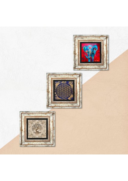 Fil, Yaşam Çiçeği, Hayat Ağacı Taş Duvar Tablosu Çerçeveli Duvar Dekoru 3 Parça Tablo Seti Wall Art T3-333 indirimleri