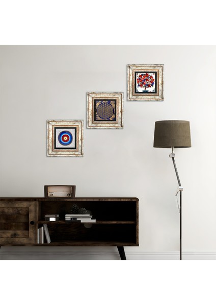 Nazar, Yaşam Çiçeği, Nar Ağacı Taş Duvar Tablosu Çerçeveli Duvar Dekoru 3 Parça Tablo Seti Wall Art T3-345