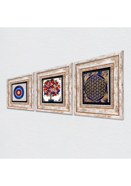 Nazar, Yaşam Çiçeği, Nar Ağacı Taş Duvar Tablosu Çerçeveli Duvar Dekoru 3 Parça Tablo Seti Wall Art T3-345
