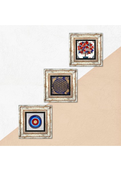 Nazar, Yaşam Çiçeği, Nar Ağacı Taş Duvar Tablosu Çerçeveli Duvar Dekoru 3 Parça Tablo Seti Wall Art T3-345