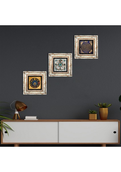 Yaşam Çiçeği, Nazar Boncuğu, Çini Sanatı Taş Duvar Tablosu Çerçeveli Duvar Dekoru 3 Parça Tablo Seti Wall Art T3-358