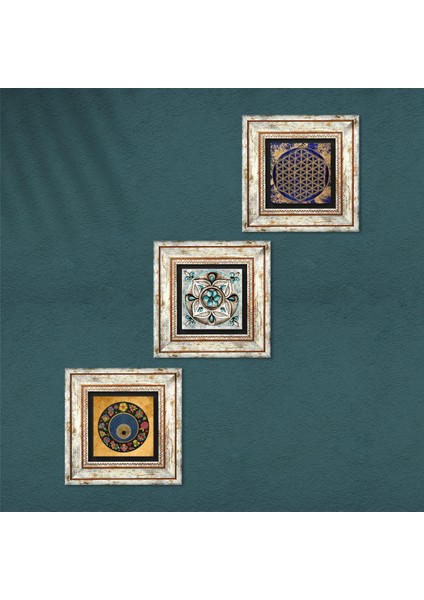 Yaşam Çiçeği, Nazar Boncuğu, Çini Sanatı Taş Duvar Tablosu Çerçeveli Duvar Dekoru 3 Parça Tablo Seti Wall Art T3-358 fırsatları