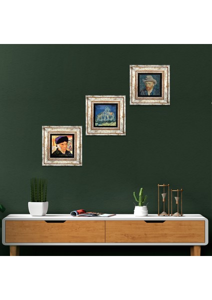 Van Gogh Kilise, Kulağı Bandajlı Otoportre, Otoportre Taş Duvar Tablosu Çerçeveli Duvar Dekoru 3 Parça Tablo Seti Wall Art T3-525