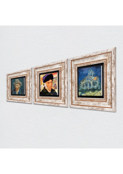 Van Gogh Kilise, Kulağı Bandajlı Otoportre, Otoportre Taş Duvar Tablosu Çerçeveli Duvar Dekoru 3 Parça Tablo Seti Wall Art T3-525 fiyatları