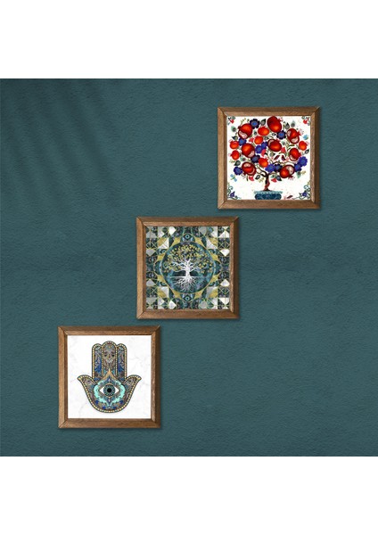 Hayat Ağacı, Nar Ağacı, Fatma Ana Eli (Hamsa) Taş Duvar Tablosu Ahşap Çerçeveli Duvar Dekoru 3 Parça Tablo Seti Wall Art W3-202