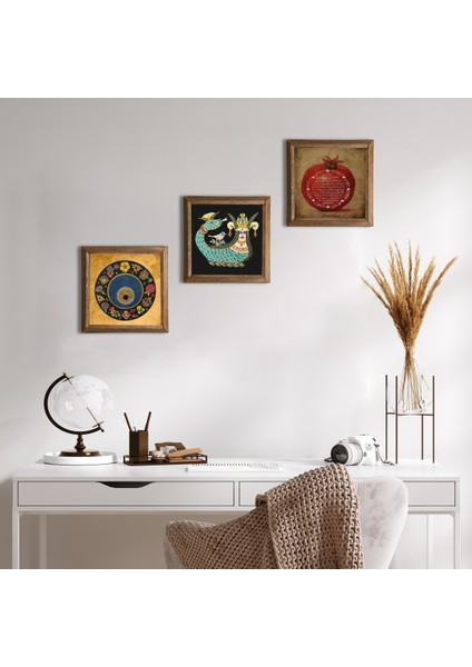 Nazar Boncuğu, Bereket Duası, Şahmeran Taş Duvar Tablosu Ahşap Çerçeveli Duvar Dekoru 3 Parça Tablo Seti Wall Art W3-275