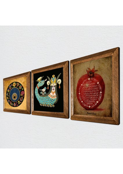 Nazar Boncuğu, Bereket Duası, Şahmeran Taş Duvar Tablosu Ahşap Çerçeveli Duvar Dekoru 3 Parça Tablo Seti Wall Art W3-275 fiyatları