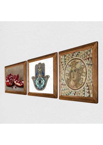 Stone Mozaik Serisi, Nar, Fatma Ana Eli (Hamsa) Ahşap Çerçeveli Taş Duvar Tablosu 3’lü Set – 25x25 cm Dekoratif Modern Sanat – Ev ve Ofis Dekoru |W3-721| fiyatları