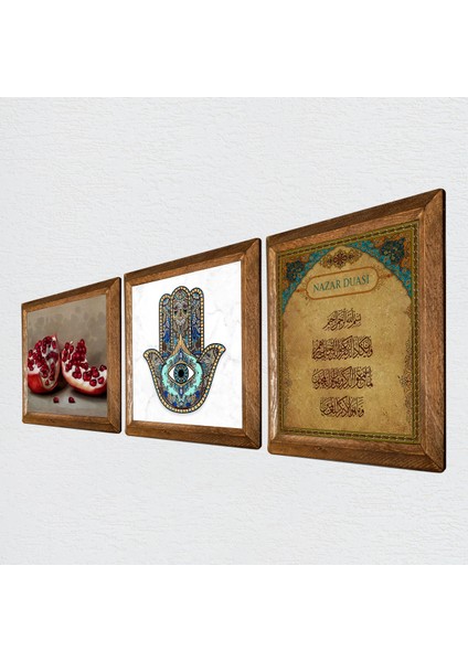 Nazar Duası, Nar, Fatma Ana Eli (Hamsa) Taş Duvar Tablosu Ahşap Çerçeveli Duvar Dekoru 3 Parça Tablo Seti Wall Art W3-731