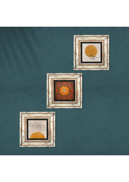 Stone Minimalist, Sri Yantra Çerçeveli Taş Duvar Tablosu 3’lü Set - Dekoratif Modern Sanat, Ev ve Ofis Dekoru |TK3-1940| fırsatları