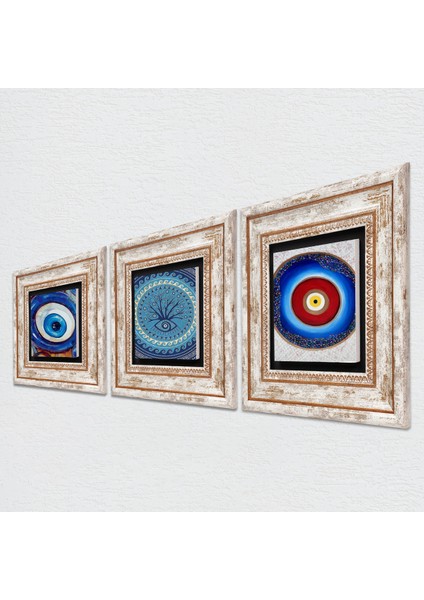 Stone Nazar Çerçeveli Taş Duvar Tablosu 3’lü Set - Dekoratif Modern Sanat, Ev ve Ofis Dekoru |TK3-1955| fiyatları