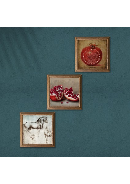Bereket Duası, Nar, At Taş Duvar Tablosu Ahşap Çerçeveli Duvar Dekoru 3 Parça Tablo Seti Wall Art W3-1291 modelleri