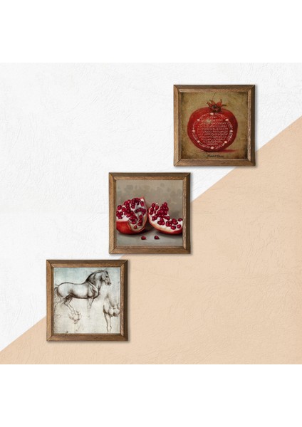 Bereket Duası, Nar, At Taş Duvar Tablosu Ahşap Çerçeveli Duvar Dekoru 3 Parça Tablo Seti Wall Art W3-1291 indirimleri