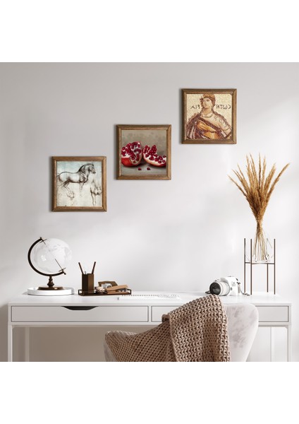 Soteria Mozaiği, Leonardo da Vinci At Heykeli, Nar Taş Duvar Tablosu Ahşap Çerçeveli Duvar Dekoru 3 Parça Tablo Seti Wall Art W3-1298