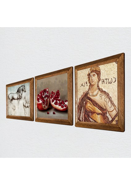 Soteria Mozaiği, Leonardo da Vinci At Heykeli, Nar Taş Duvar Tablosu Ahşap Çerçeveli Duvar Dekoru 3 Parça Tablo Seti Wall Art W3-1298