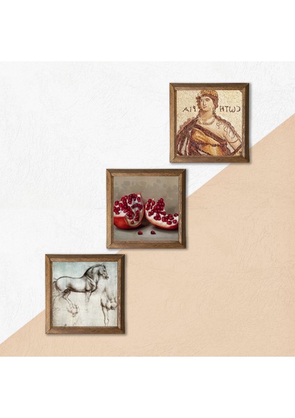 Soteria Mozaiği, Leonardo da Vinci At Heykeli, Nar Taş Duvar Tablosu Ahşap Çerçeveli Duvar Dekoru 3 Parça Tablo Seti Wall Art W3-1298