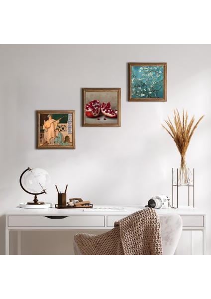 Van Gogh Badem Ağacı, İki Müzisyen Kız Tablosu, Nar Taş Duvar Tablosu Ahşap Çerçeveli Duvar Dekoru 3 Parça Tablo Seti Wall Art W3-1469