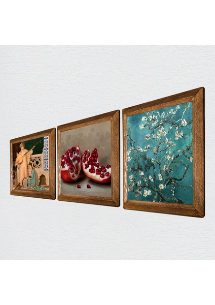 Van Gogh Badem Ağacı, İki Müzisyen Kız Tablosu, Nar Taş Duvar Tablosu Ahşap Çerçeveli Duvar Dekoru 3 Parça Tablo Seti Wall Art W3-1469
