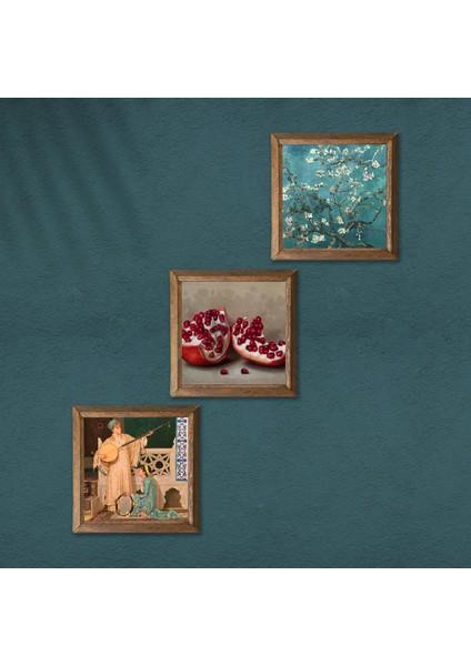 Van Gogh Badem Ağacı, İki Müzisyen Kız Tablosu, Nar Taş Duvar Tablosu Ahşap Çerçeveli Duvar Dekoru 3 Parça Tablo Seti Wall Art W3-1469