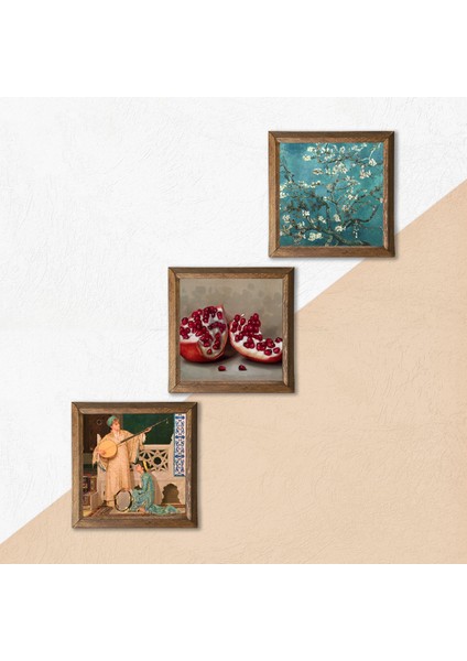 Van Gogh Badem Ağacı, İki Müzisyen Kız Tablosu, Nar Taş Duvar Tablosu Ahşap Çerçeveli Duvar Dekoru 3 Parça Tablo Seti Wall Art W3-1469