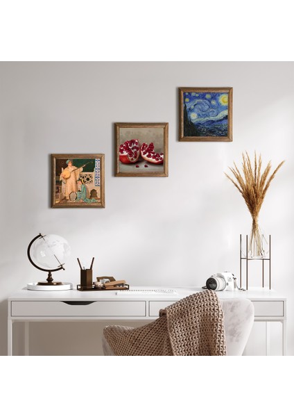Van Gogh Yıldızlı Gece, İki Müzisyen Kız Tablosu, Nar Taş Duvar Tablosu Ahşap Çerçeveli Duvar Dekoru 3 Parça Tablo Seti Wall Art W3-1470