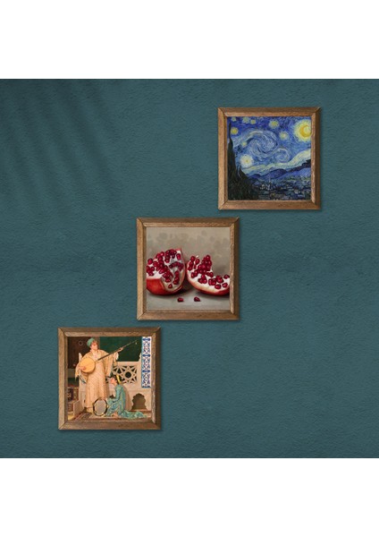 Van Gogh Yıldızlı Gece, İki Müzisyen Kız Tablosu, Nar Taş Duvar Tablosu Ahşap Çerçeveli Duvar Dekoru 3 Parça Tablo Seti Wall Art W3-1470