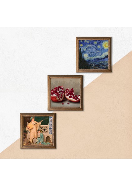 Van Gogh Yıldızlı Gece, İki Müzisyen Kız Tablosu, Nar Taş Duvar Tablosu Ahşap Çerçeveli Duvar Dekoru 3 Parça Tablo Seti Wall Art W3-1470