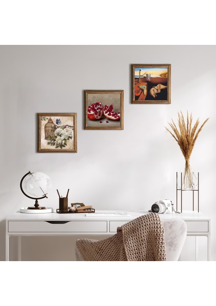 Salvador Dalí Belleğin Azmi, Kelebekli Çiçek, Nar Taş Duvar Tablosu Ahşap Çerçeveli Duvar Dekoru 3 Parça Tablo Seti Wall Art W3-1122