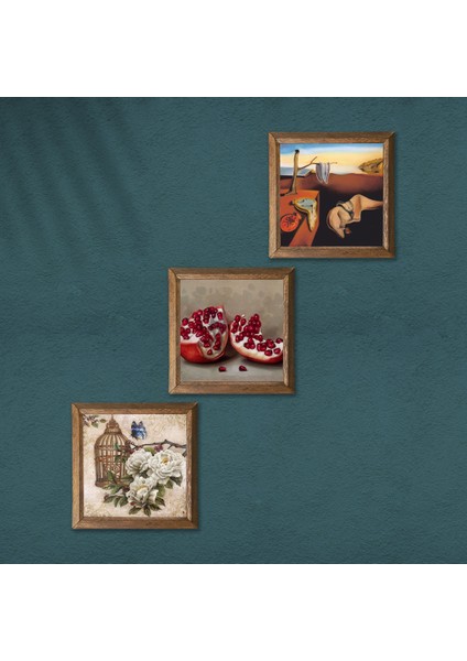 Salvador Dalí Belleğin Azmi, Kelebekli Çiçek, Nar Taş Duvar Tablosu Ahşap Çerçeveli Duvar Dekoru 3 Parça Tablo Seti Wall Art W3-1122