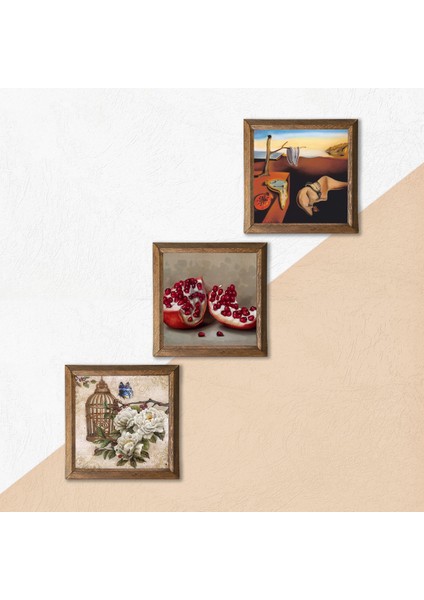 Salvador Dalí Belleğin Azmi, Kelebekli Çiçek, Nar Taş Duvar Tablosu Ahşap Çerçeveli Duvar Dekoru 3 Parça Tablo Seti Wall Art W3-1122