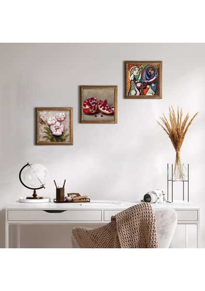 Picasso Ayna Karşısındaki Kız, Kelebekli Çiçek, Nar Taş Duvar Tablosu Ahşap Çerçeveli Duvar Dekoru 3 Parça Tablo Seti Wall Art W3-1275