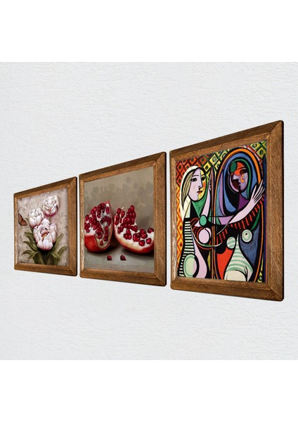 Picasso Ayna Karşısındaki Kız, Kelebekli Çiçek, Nar Taş Duvar Tablosu Ahşap Çerçeveli Duvar Dekoru 3 Parça Tablo Seti Wall Art W3-1275