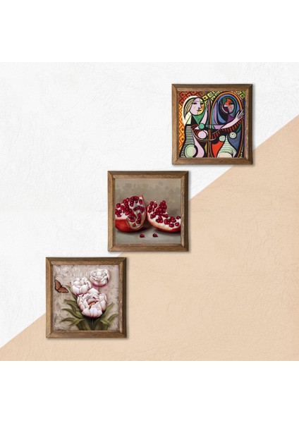 Picasso Ayna Karşısındaki Kız, Kelebekli Çiçek, Nar Taş Duvar Tablosu Ahşap Çerçeveli Duvar Dekoru 3 Parça Tablo Seti Wall Art W3-1275