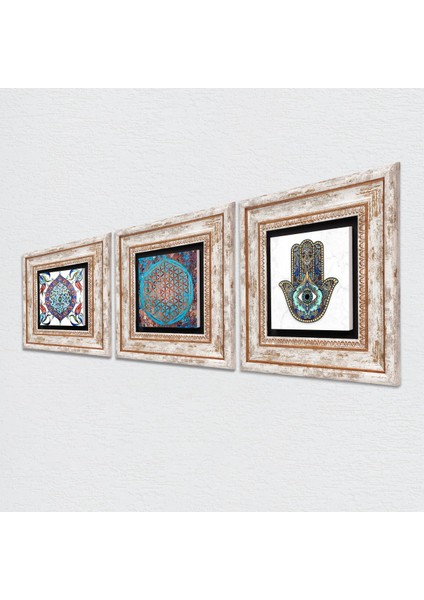 Yaşam Çiçeği, Çini Sanatı, Fatma Ana Eli (Hamsa) Çerçeveli Taş Duvar Tablosu 3’lü Set - Dekoratif Modern Sanat, Ev ve Ofis Dekoru |TK3-317| fiyatları