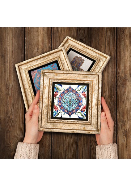 Yaşam Çiçeği, Çini Sanatı, Fatma Ana Eli (Hamsa) Çerçeveli Taş Duvar Tablosu 3’lü Set - Dekoratif Modern Sanat, Ev ve Ofis Dekoru |TK3-317| modelleri