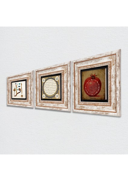 İlk Ayet 'Oku', Hilye-i Şerif, Bereket Duası Taş Duvar Tablosu Çerçeveli Duvar Dekoru 3 Parça Tablo Seti Wall Art T3-34