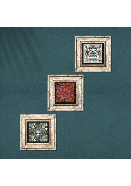 Hayat Ağacı, Desen, Çini Sanatı Çerçeveli Taş Duvar Tablosu 3’lü Set - Dekoratif Modern Sanat, Ev ve Ofis Dekoru |TK3-681| fırsatları