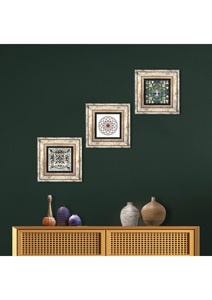 Hayat Ağacı, Yaşam Çiçeği, Çini Sanatı Taş Duvar Tablosu Çerçeveli Duvar Dekoru 3 Parça Tablo Seti Wall Art T3-688