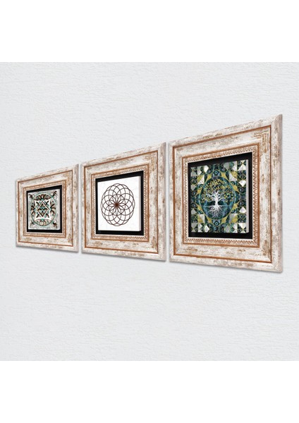 Hayat Ağacı, Yaşam Çiçeği, Çini Sanatı Taş Duvar Tablosu Çerçeveli Duvar Dekoru 3 Parça Tablo Seti Wall Art T3-688