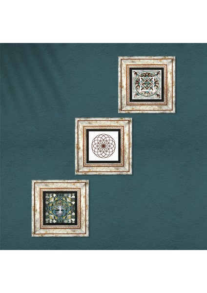 Hayat Ağacı, Yaşam Çiçeği, Çini Sanatı Taş Duvar Tablosu Çerçeveli Duvar Dekoru 3 Parça Tablo Seti Wall Art T3-688
