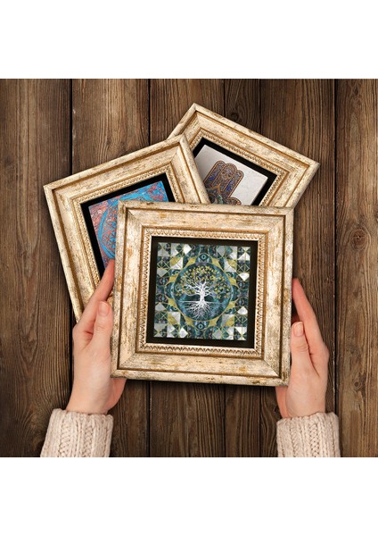 Hayat Ağacı, Yaşam Çiçeği, Çini Sanatı Taş Duvar Tablosu Çerçeveli Duvar Dekoru 3 Parça Tablo Seti Wall Art T3-688