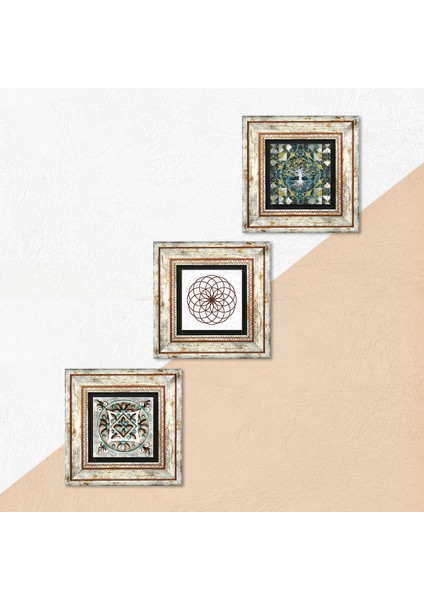 Hayat Ağacı, Yaşam Çiçeği, Çini Sanatı Taş Duvar Tablosu Çerçeveli Duvar Dekoru 3 Parça Tablo Seti Wall Art T3-688