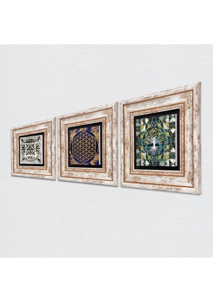 Hayat Ağacı, Yaşam Çiçeği, Çini Sanatı Çerçeveli Taş Duvar Tablosu 3’lü Set - Dekoratif Modern Sanat, Ev ve Ofis Dekoru |TK3-689| fiyatları