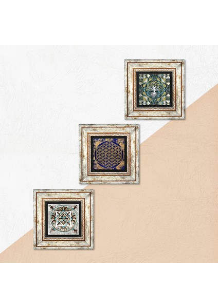 Hayat Ağacı, Yaşam Çiçeği, Çini Sanatı Çerçeveli Taş Duvar Tablosu 3’lü Set - Dekoratif Modern Sanat, Ev ve Ofis Dekoru |TK3-689| indirimleri