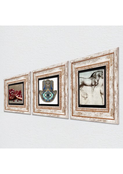 Leonardo da Vinci At Heykeli, Nar, Fatma Ana Eli (Hamsa) Taş Duvar Tablosu Çerçeveli Duvar Dekoru 3 Parça Tablo Seti Wall Art T3-707