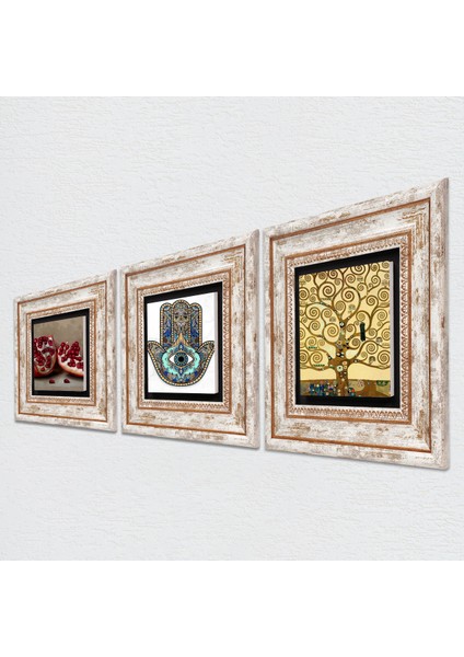 Gustav Klimt Hayat Ağacı, Nar, Fatma Ana Eli (Hamsa) Çerçeveli Taş Duvar Tablosu 3’lü Set - Dekoratif Modern Sanat, Ev ve Ofis Dekoru |TK3-711| fiyatları