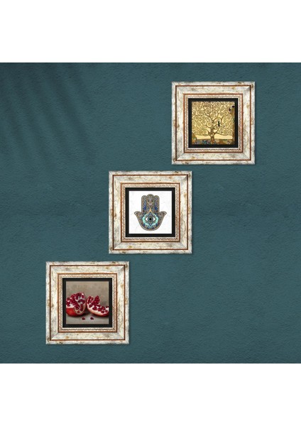Gustav Klimt Hayat Ağacı, Nar, Fatma Ana Eli (Hamsa) Çerçeveli Taş Duvar Tablosu 3’lü Set - Dekoratif Modern Sanat, Ev ve Ofis Dekoru |TK3-711| fırsatları