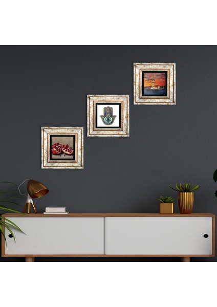 İstanbul Kız Kulesi, Nar, Fatma Ana Eli (Hamsa) Taş Duvar Tablosu Çerçeveli Duvar Dekoru 3 Parça Tablo Seti Wall Art T3-723