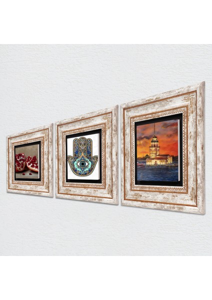 İstanbul Kız Kulesi, Nar, Fatma Ana Eli (Hamsa) Taş Duvar Tablosu Çerçeveli Duvar Dekoru 3 Parça Tablo Seti Wall Art T3-723